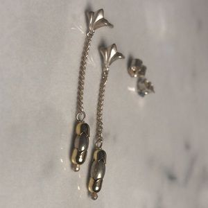Vintage sterling silver fleur de lis chain drop stud‎ earrings